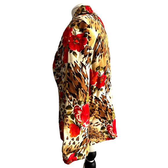 Vintage Silk Land Beaded Floral Button Down Sil Shirt Sz L Cheetah Print & Flora - Picture 8 of 11